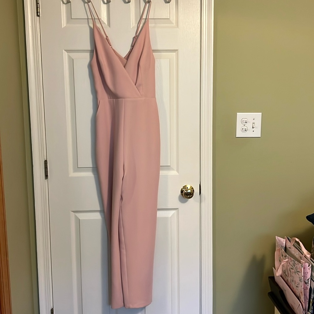 BCBG Generation, pink jumpsuit, v-neck, cross-cross straps, side zip, size 10